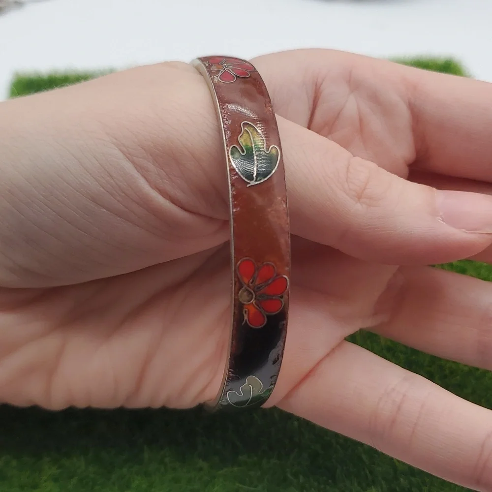 Fall Harvest Clossione Floral Enamel Bangle Bracelet Sterling Interior‎ B3006